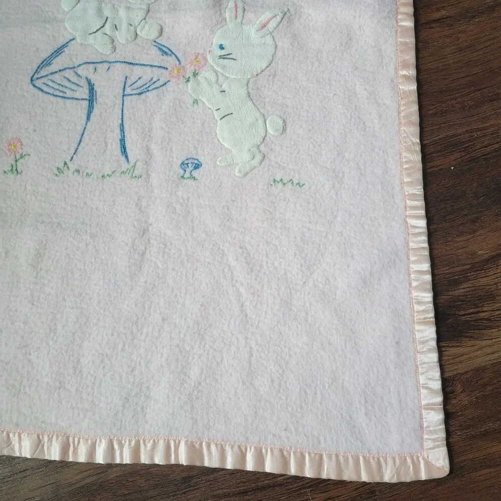 Vintage Pastel Pink Baby Blanket Applique Bunnies Mushroom Bird flower satin tri